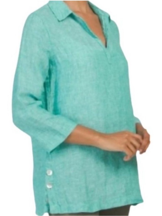Tahari Tops - Tahari Seafoam Green Linen Split-Neck Relaxed Fit Tunic NEW!